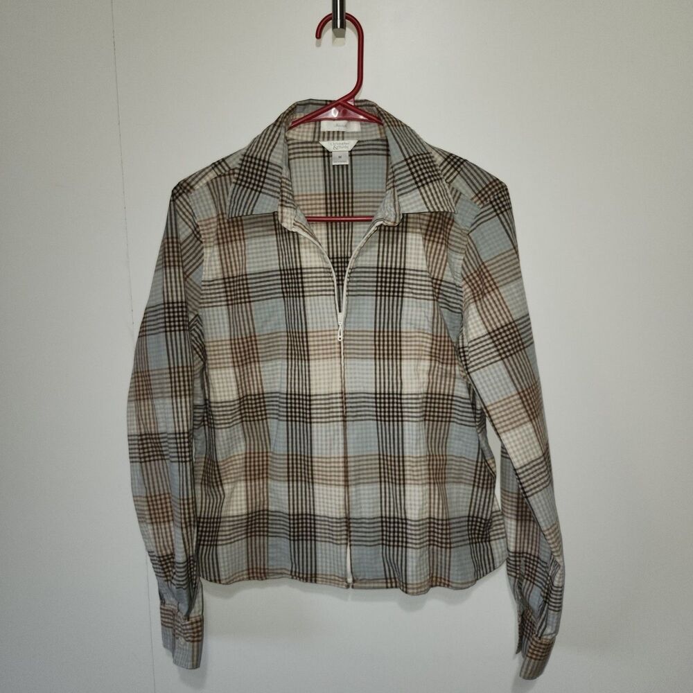 Christopher & Banks Plaid Stretch Zip Front Shirt Top Women’s Size M Long Sleeve